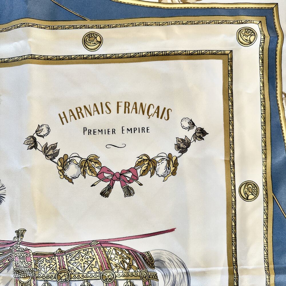 VINTAGE HERMES SCARF HARNAIS FRANCAIS BLUE 100% SILK - Picture 7 of 16